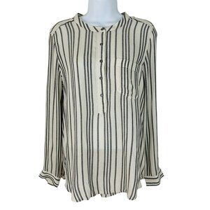 Lucky Brand Women's Size M Striped Roll Tab Sleeves Ivory Black Popover Blouse